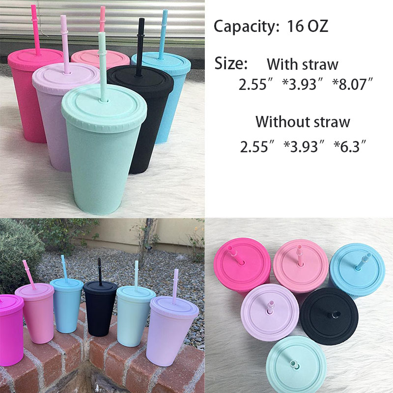 AIAZE005 / 16OZ Double Wall Matte Plastic Cup with Colored Lids&Straws 